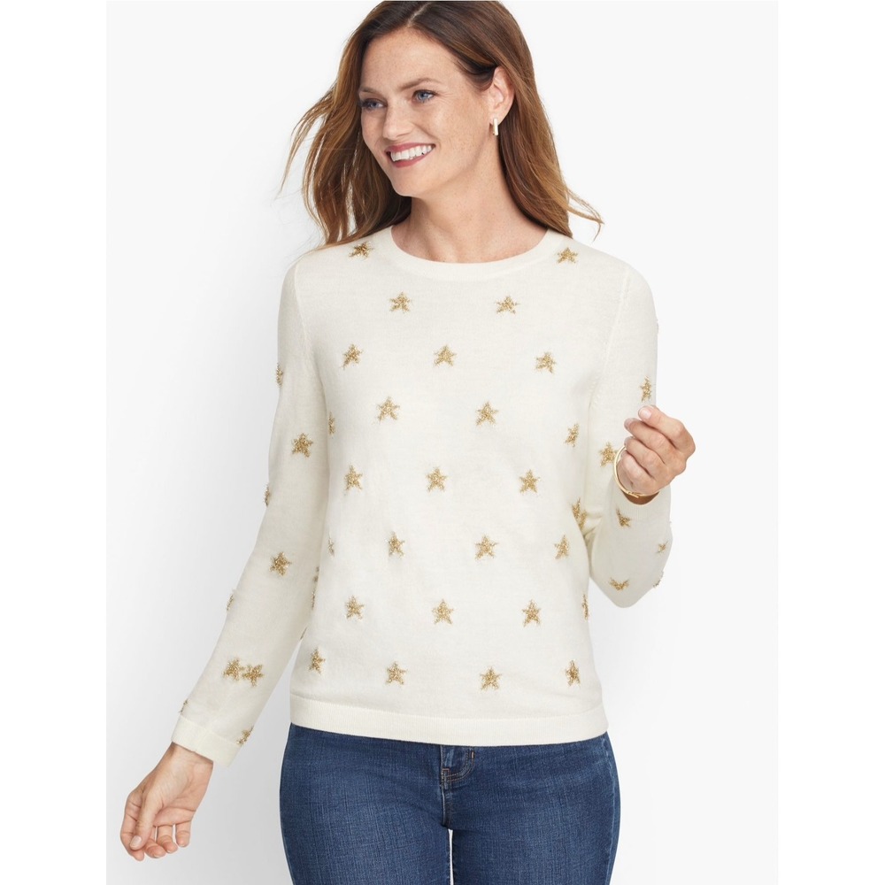 Talbots Womens‎ Cream Gold Tinsel Star Embroidered Crewneck Sweater M Holiday